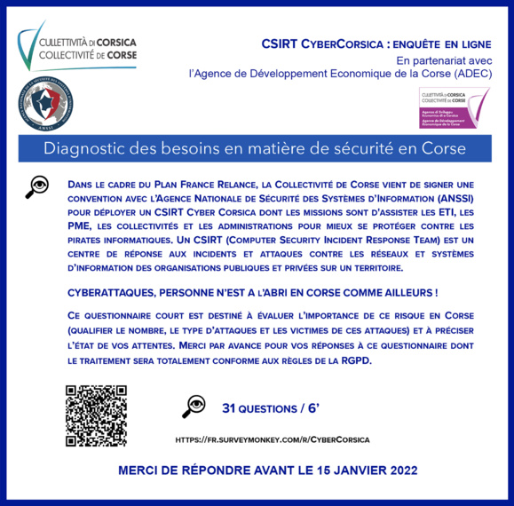 🔎ENQUÊTE EN LIGNE [🔐CSIRT Cyber Corsica💻] Pour les ETI, PME, Collectivités & Administrations : mieux se protéger contre les cyberattaques et évaluer l’importance de ce risque en Corse.