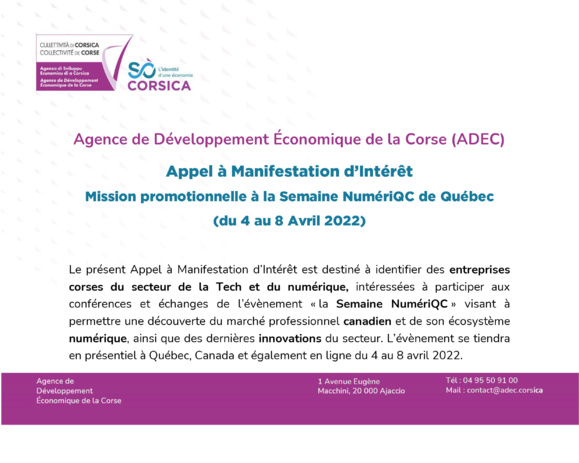 ADEC [📢 Appel à Manifestation d’Intérêt] Mission promotionnelle Semaine NumériQC Québec (du 4 au 8 Avril 2022) ⏳Vous avez jusqu’au 21 MARS pour candidater !