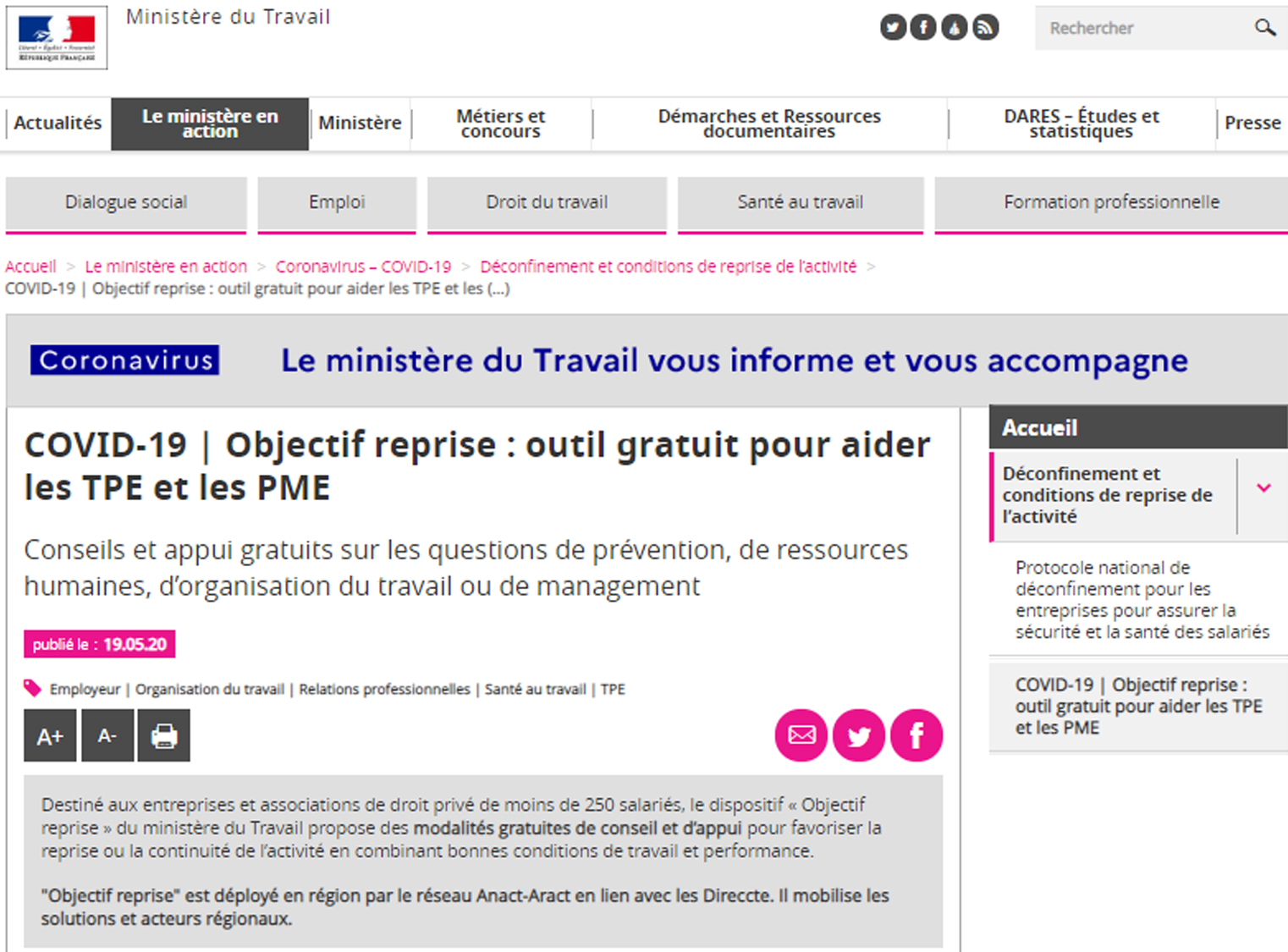 Ministère du Travail - COVID-19 | 📈Objectif reprise : outil gratuit pour aider les TPE et les PME